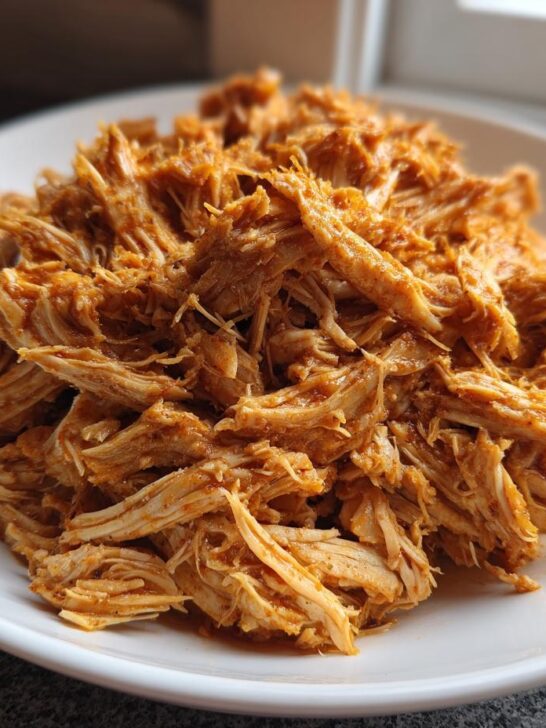 A close-up of seasoned, perfectly shredded chicken piled high on a white plate, ready for serving.
