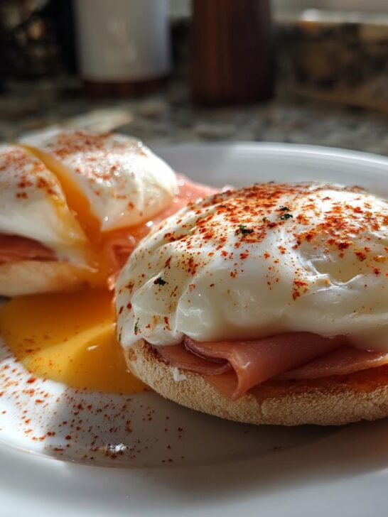 Two servings of Eggs Halifax featuring poached eggs over ham and English muffins, with runny yolk spilling out.
