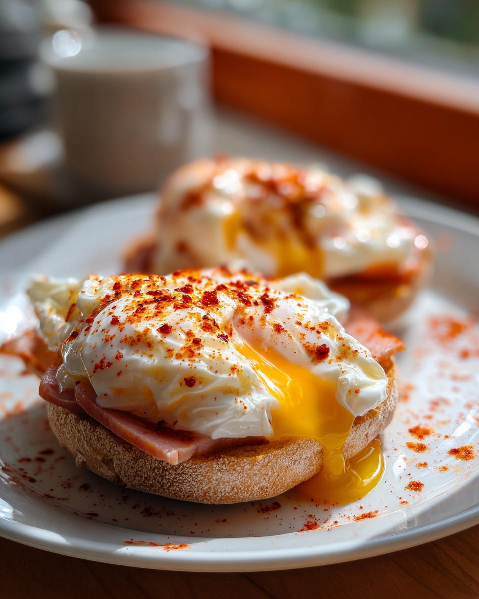 Close-up of Eggs Halifax featuring a poached egg with a runny yolk spilling over ham and an English muffin, dusted with paprika.