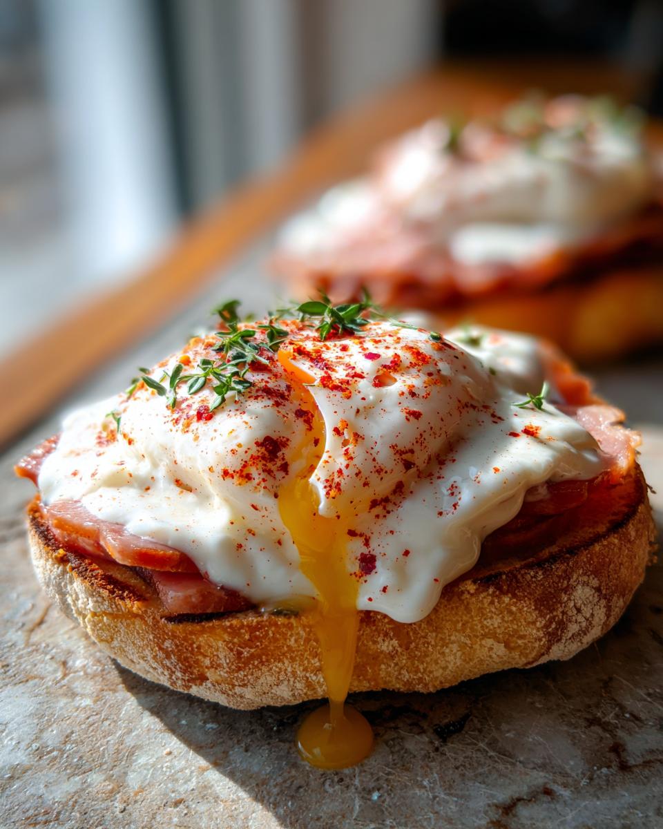 Close-up of Eggs Halifax showing a poached egg with a runny yolk dripping onto a toasted base, sprinkled with paprika and thyme.