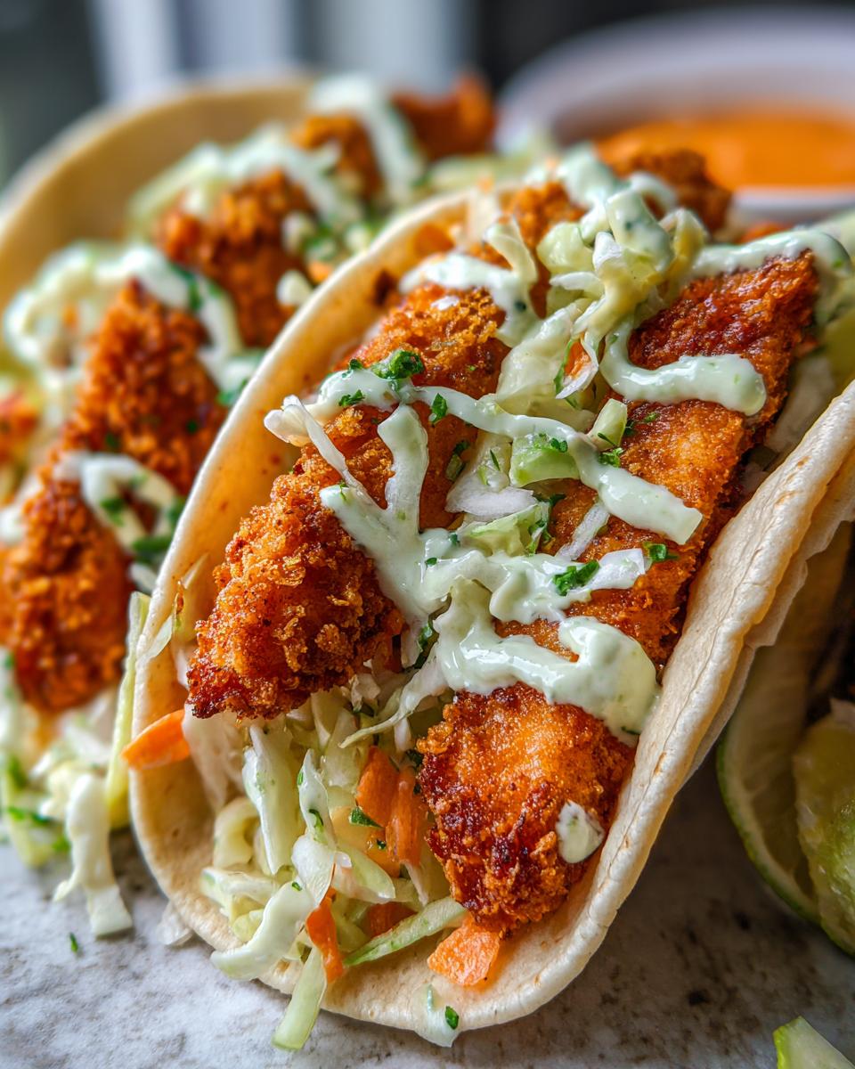 Close-up of two Epic Baja Fish Tacos filled with crispy fried fish, shredded cabbage slaw, and drizzled with creamy green sauce.