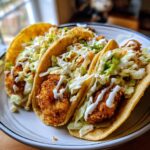 Three crispy fried fish tacos filled with slaw and drizzled with white sauce, ready to eat as Epic Baja Fish Tacos.