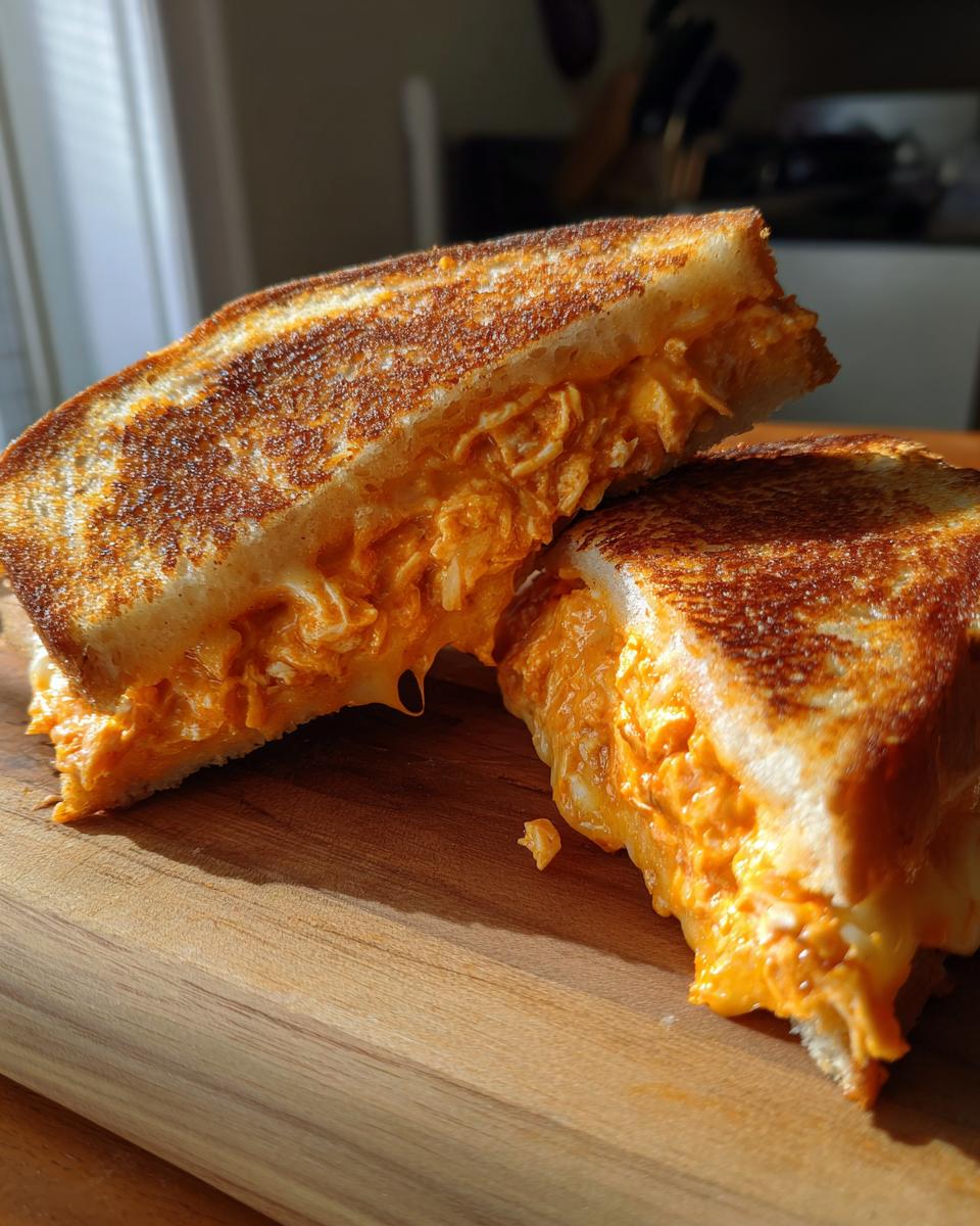 Close-up of My Favorite Buffalo Chicken Melt Sandwich cut in half, showing gooey orange filling.