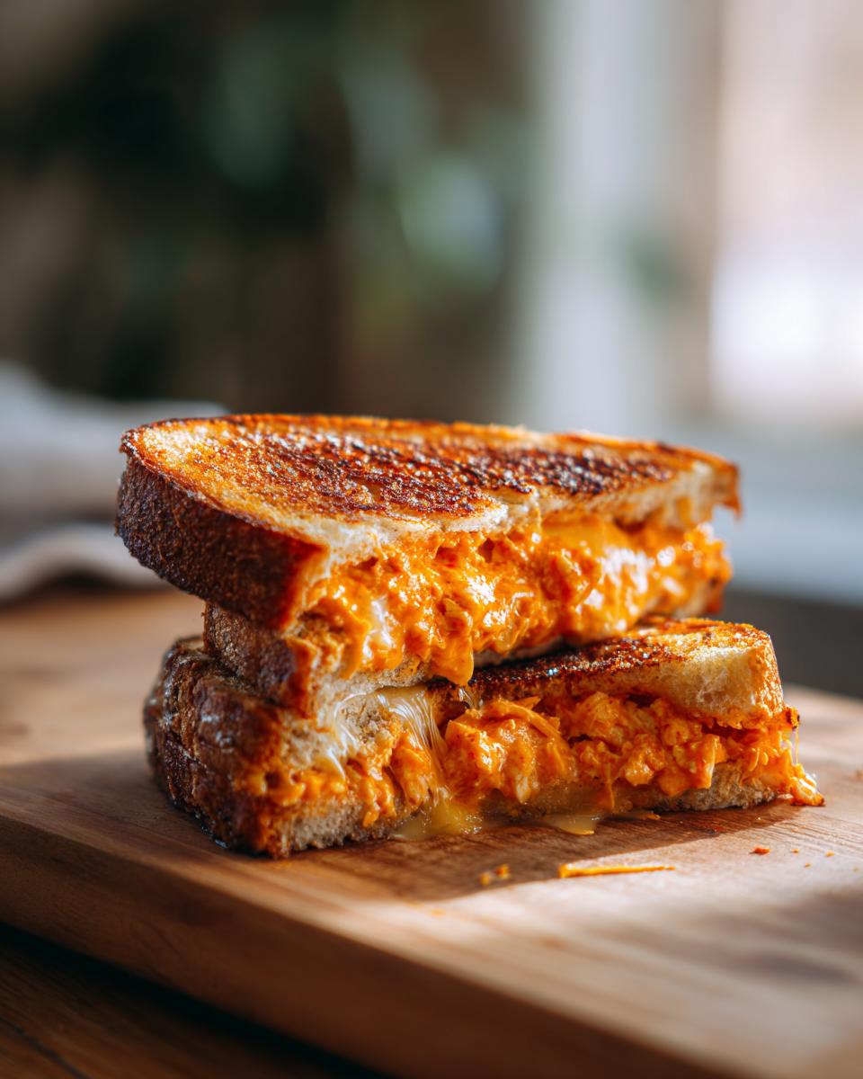 Two halves of My Favorite Buffalo Chicken Melt Sandwich stacked, showing gooey orange filling and toasted bread.
