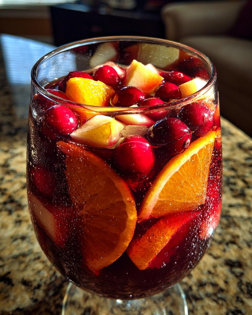 Close-up of a glass filled with Festive Christmas Sangria, loaded with cranberries, orange slices, and apple chunks.