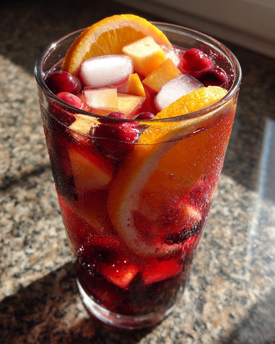 A tall, sweating glass filled with Festive Christmas Sangria, loaded with ice cubes, orange slices, cranberries, and diced fruit.