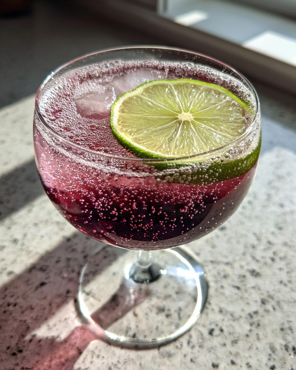 A close-up of a sparkling Yuletide Daisy Cocktail, deep red/purple, garnished with a bright lime wheel and ice.