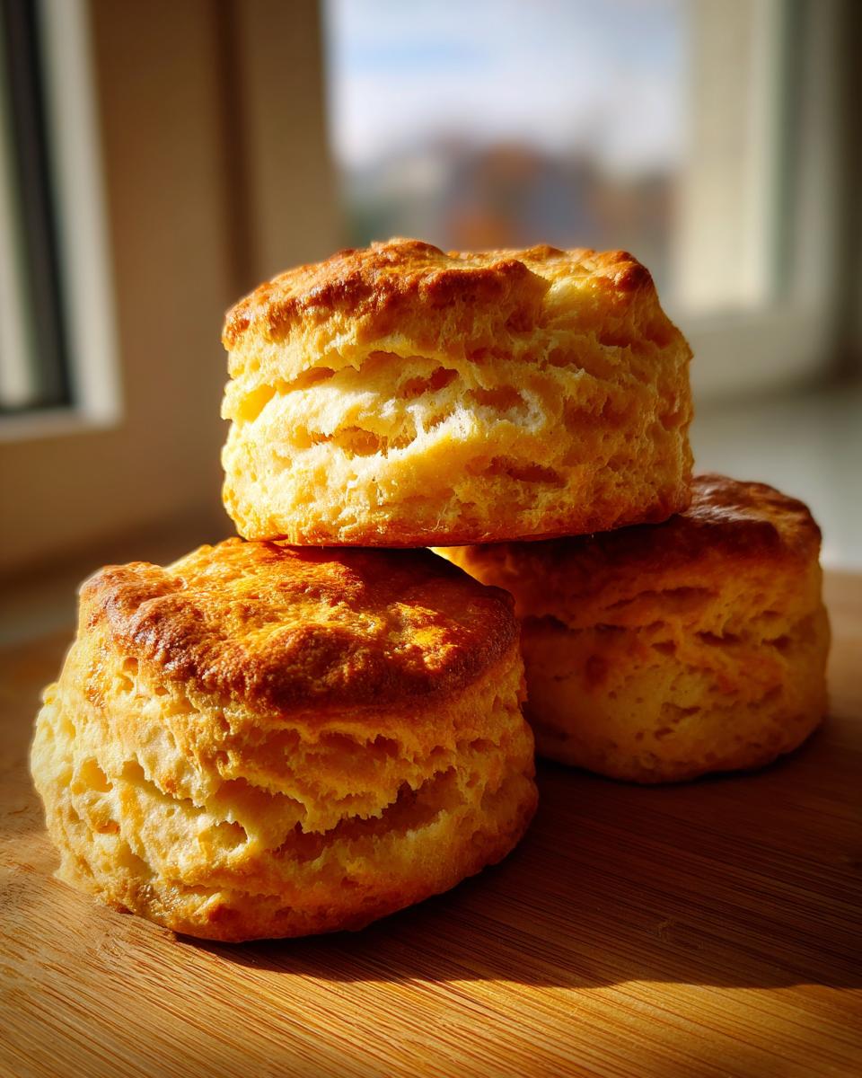 Three golden brown, flaky Honey Buttermilk Biscuits stacked on a wooden cutting board near a window.