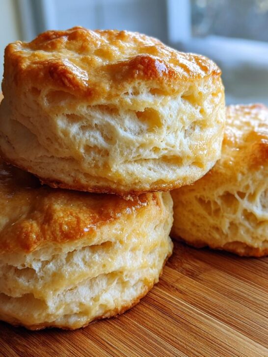 Three tall, golden-brown Flaky Honey Buttermilk Biscuits stacked and resting on a wooden cutting board.