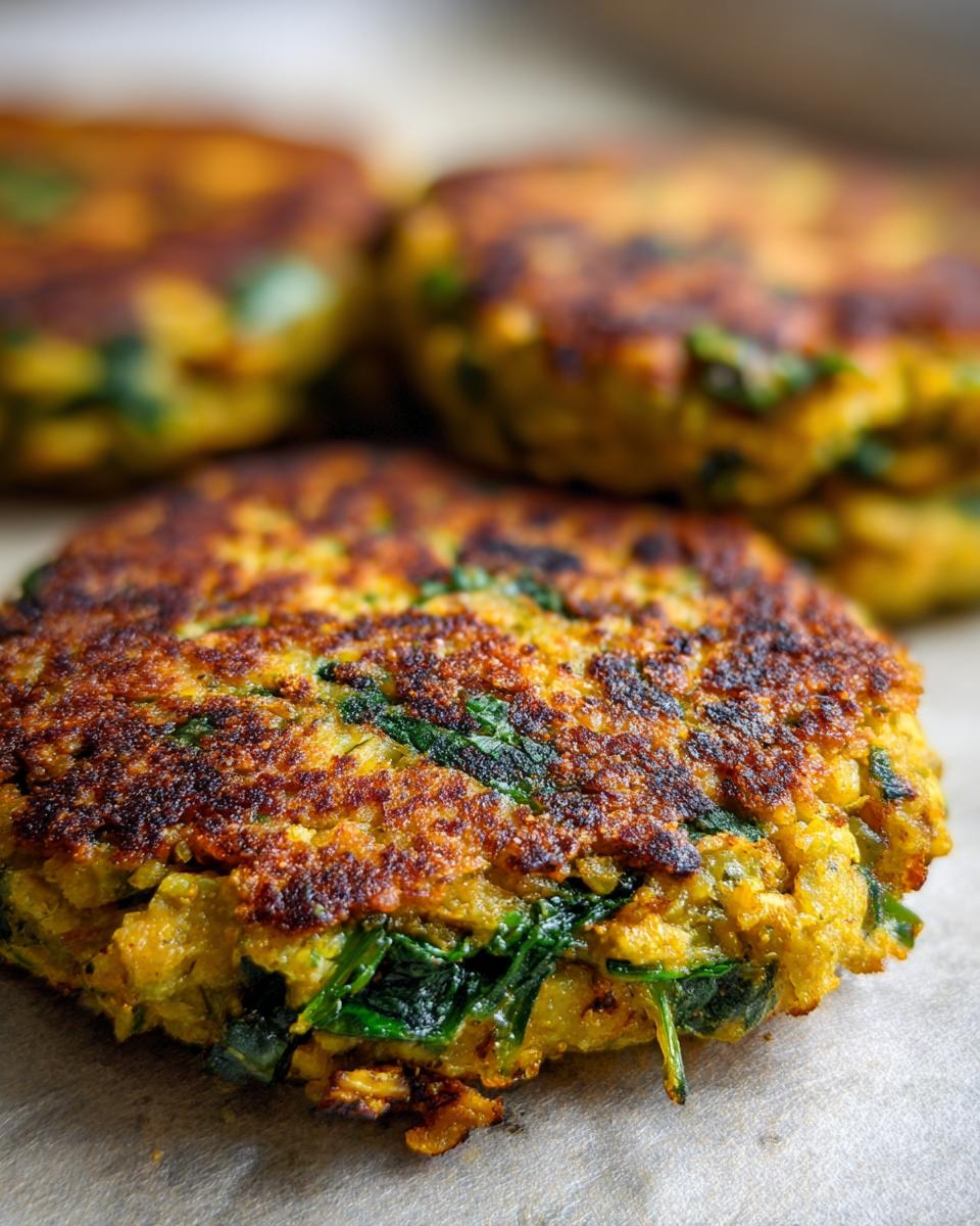 Close-up of a perfectly pan-fried Flaky Jamaican Curry Chickpea Kale Veggie Patties with a crispy, golden-brown exterior.