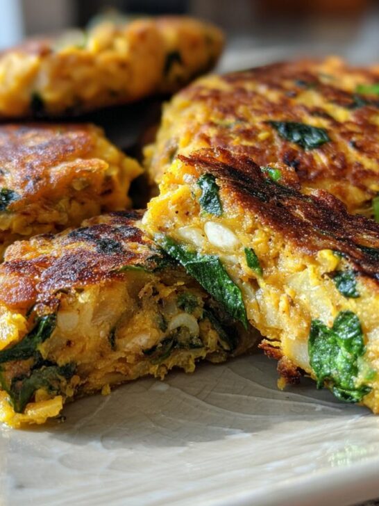 Close-up of flaky Jamaican Curry Chickpea Kale Veggie Patties, showing the golden-brown crust and interior texture with visible kale.