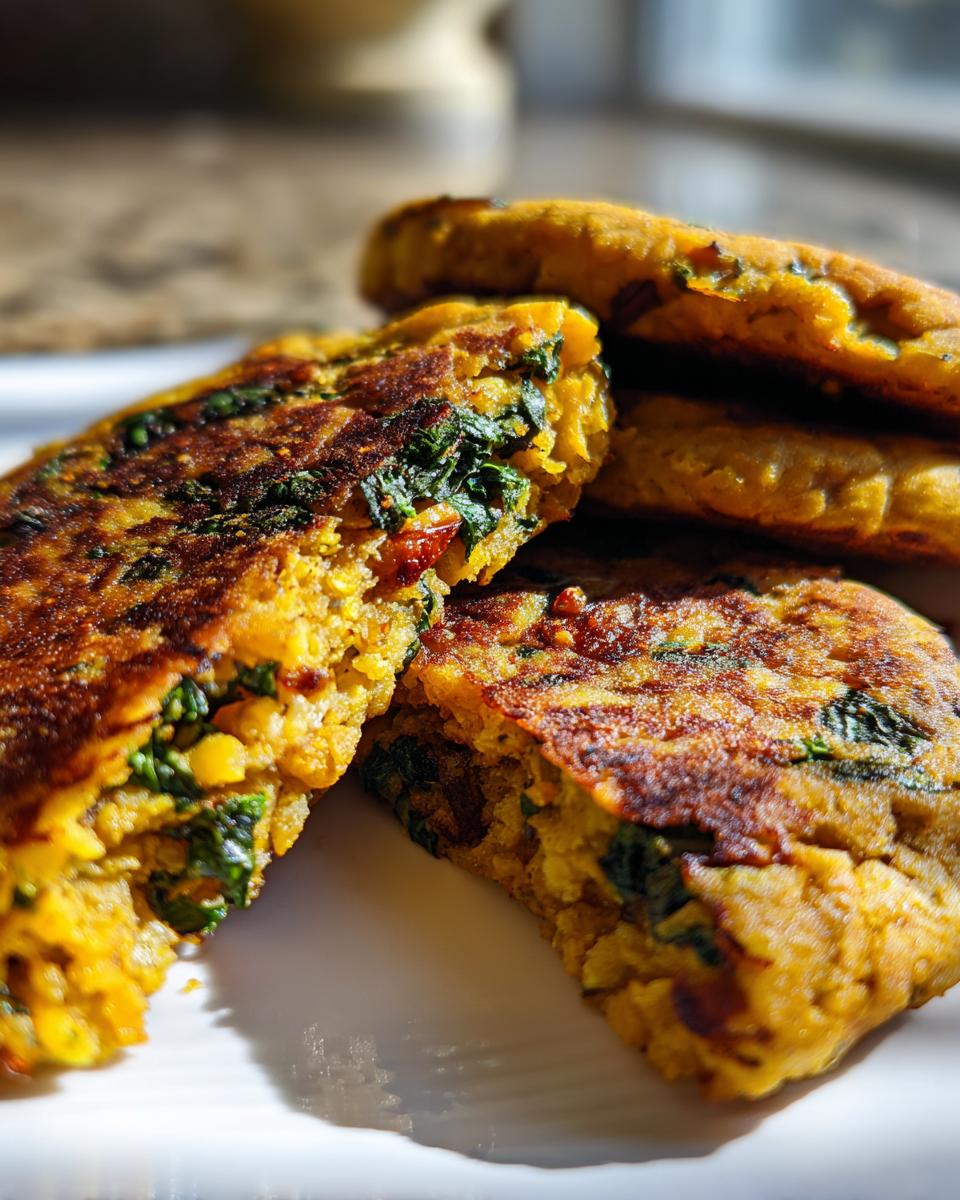 Close-up of golden-brown Flaky Jamaican Curry Chickpea Kale Veggie Patties, showing texture and green kale flecks.