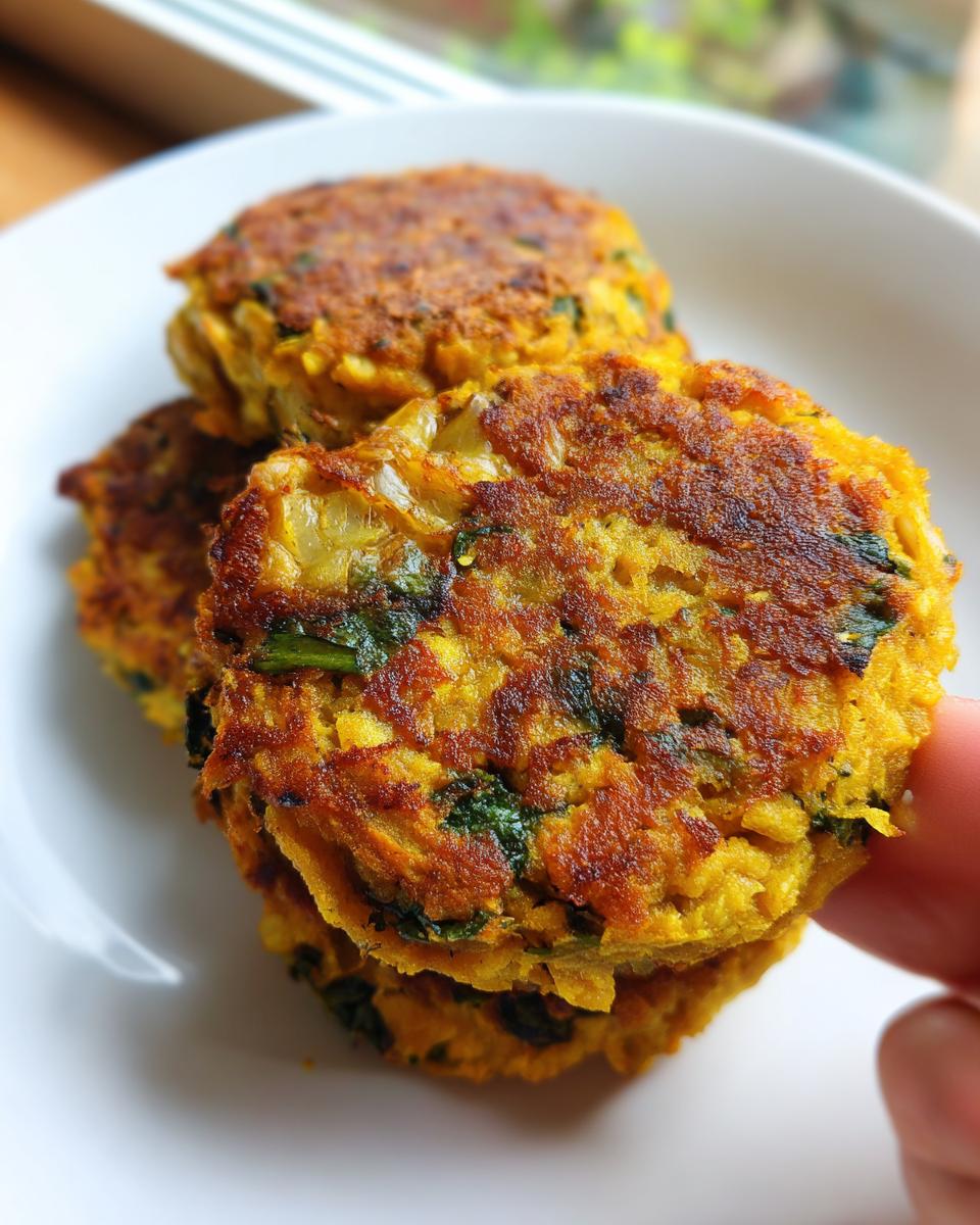 A stack of golden brown, pan-fried Flaky Jamaican Curry Chickpea Kale Veggie Patties being held up.