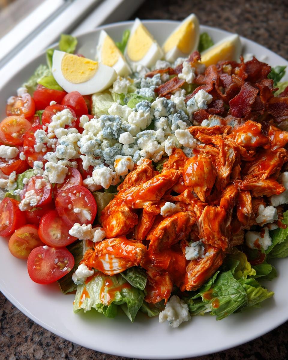 A vibrant Flavorful Buffalo Chicken Cobb Salad featuring buffalo chicken, blue cheese, bacon, tomatoes, and hard-boiled eggs.