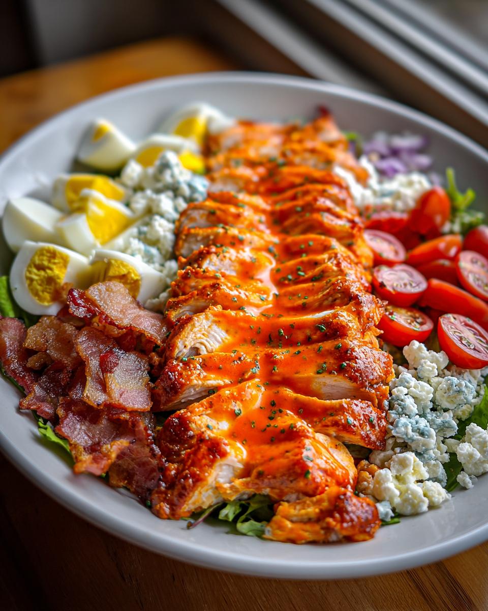 A close-up of a Flavorful Buffalo Chicken Cobb Salad featuring sliced buffalo chicken breast, bacon, blue cheese, and eggs.