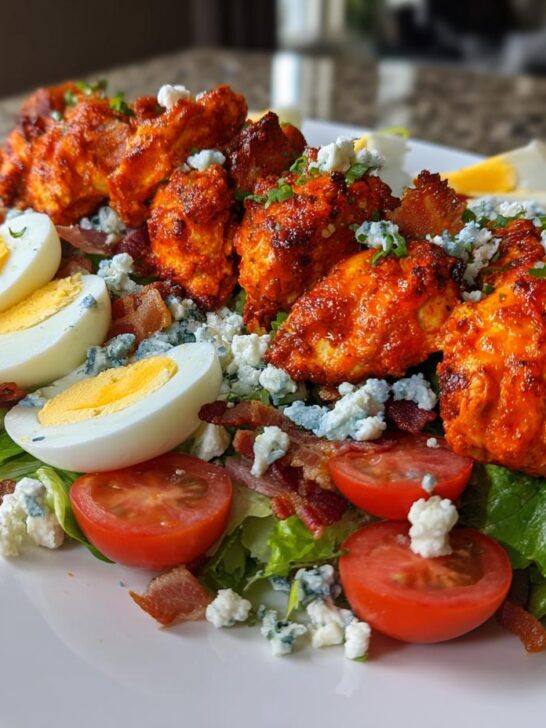 A vibrant Flavorful Buffalo Chicken Cobb Salad featuring bright orange buffalo chicken pieces, blue cheese crumbles, bacon, hard-boiled egg wedges, and tomatoes.