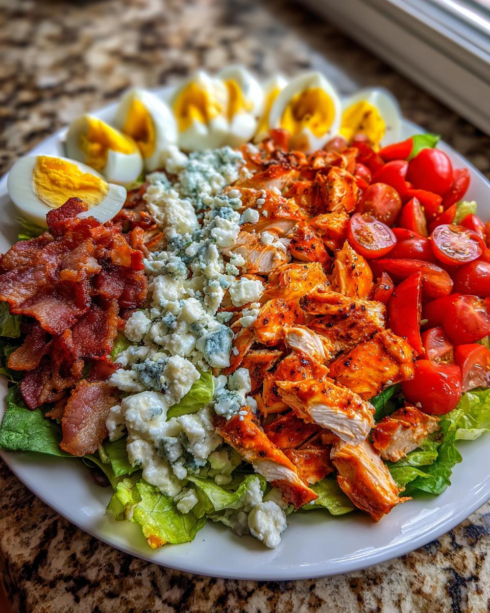 A plate showcasing the arranged ingredients for a Flavorful Buffalo Chicken Cobb Salad, including buffalo chicken, blue cheese, bacon, eggs, and tomatoes.