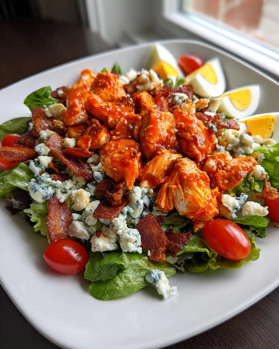 A vibrant plate featuring Flavorful Buffalo Chicken Cobb Salad topped with blue cheese and bacon.