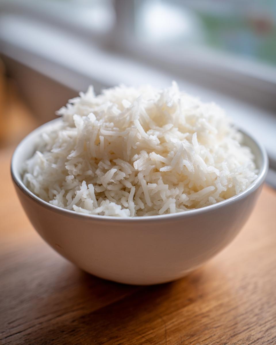A close-up of perfectly cooked, fluffy Basmati rice served in a white bowl on a wooden surface.