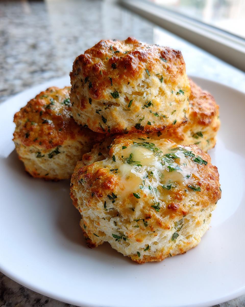 A stack of four fluffy Garlic Herb Biscuit Recipe rounds on a white plate, topped with melted butter and parsley.
