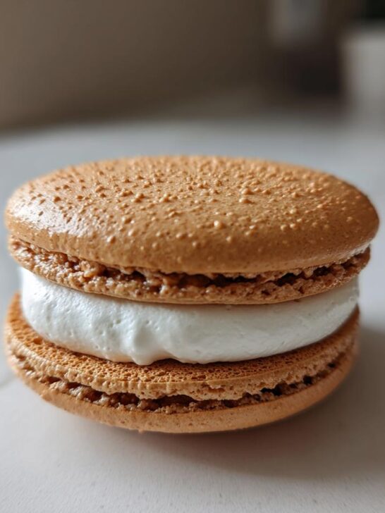 Close-up of a single, perfectly baked French Macaron With Marshmallow Frosting, showing brown shells and thick white filling.