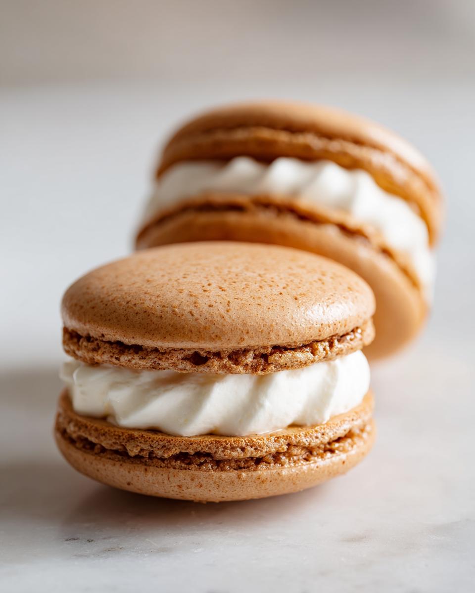 Two perfectly baked French macarons with light brown shells filled generously with white marshmallow frosting.