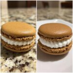 Two close-up shots of a perfectly baked French Macarons With Marshmallow Frosting, featuring brown shells and white filling.