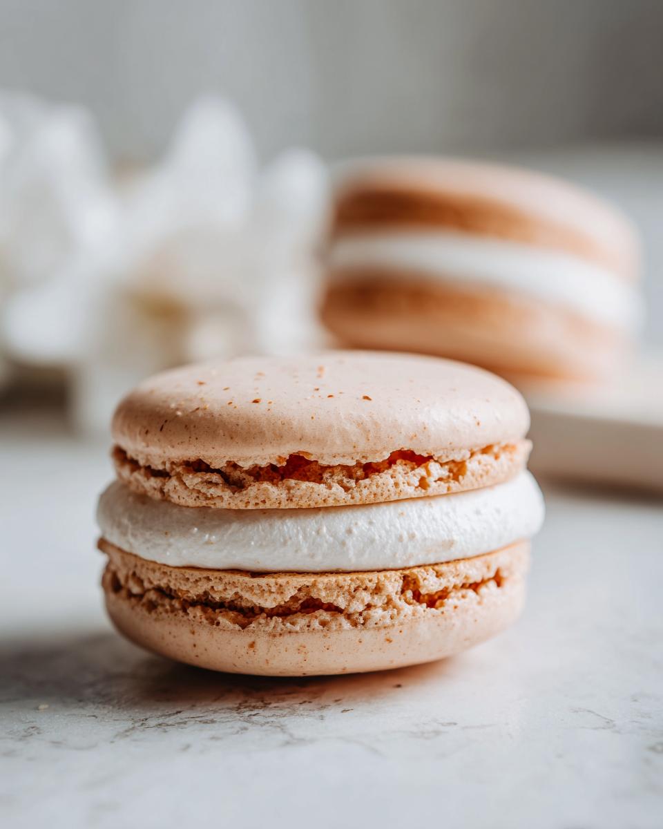 Close-up of a perfectly baked French Macarons With Marshmallow Frosting on a marble surface.