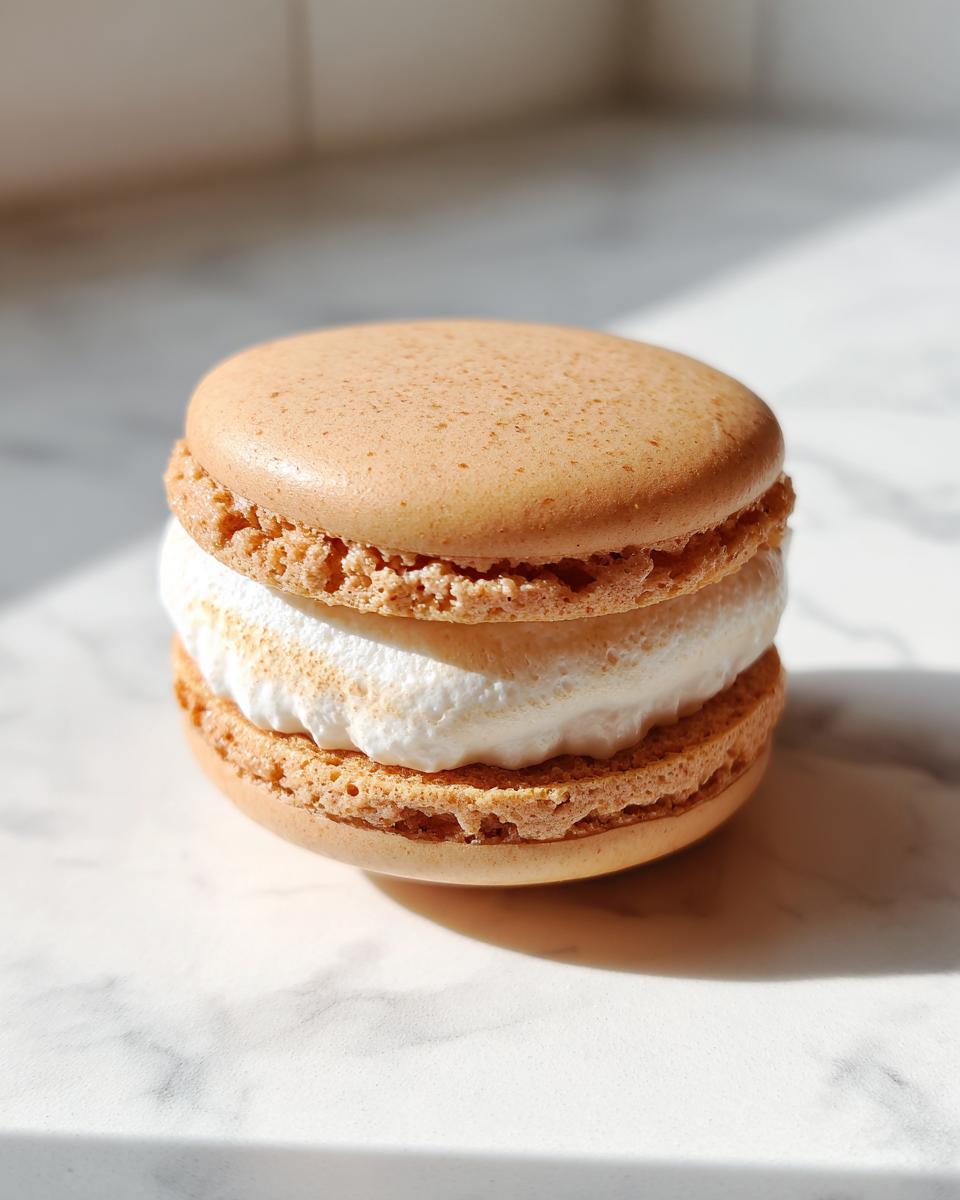 A single, perfectly formed French Macarons With Marshmallow Frosting on a white marble surface.