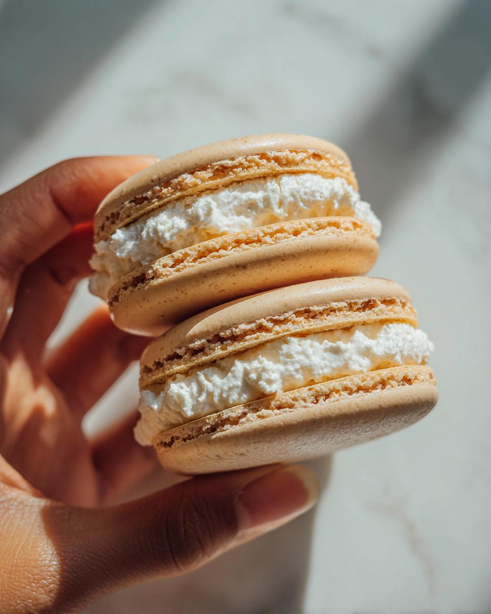 Close-up of two French macarons with marshmallow frosting held by a hand against a bright background.