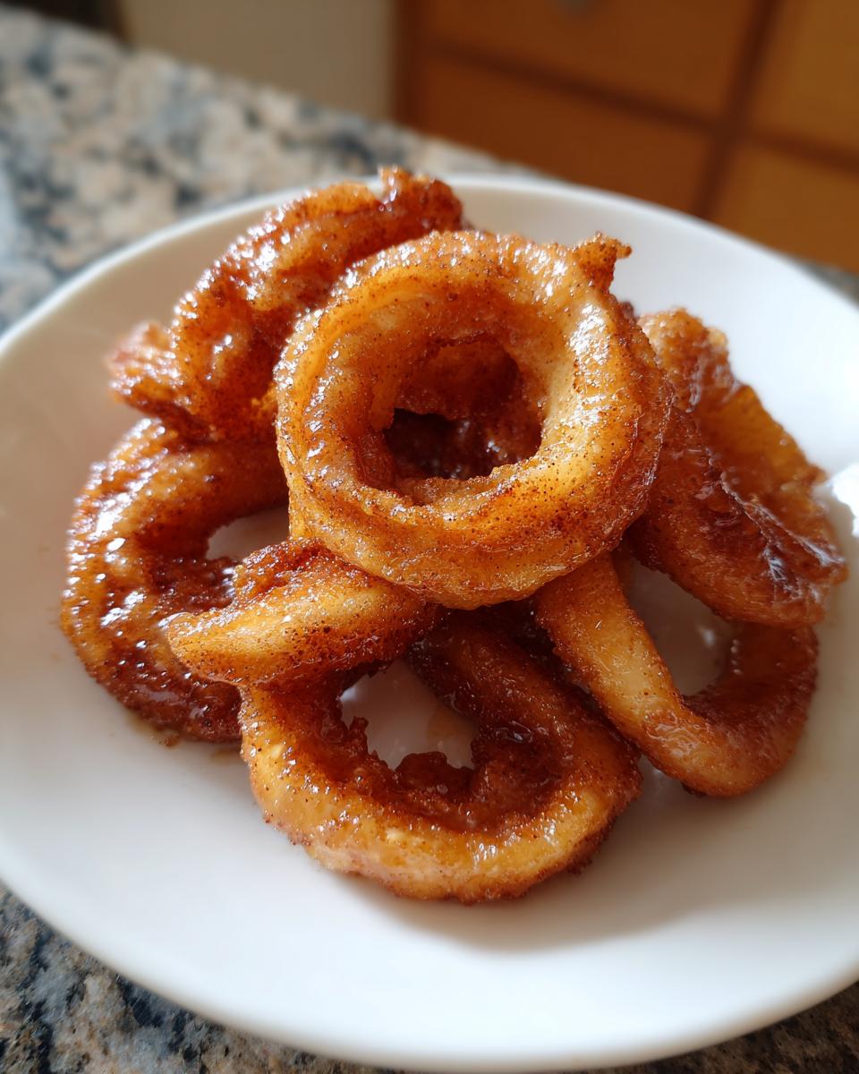 A pile of golden brown, glazed Apple Rings dusted with cinnamon sugar on a white plate.