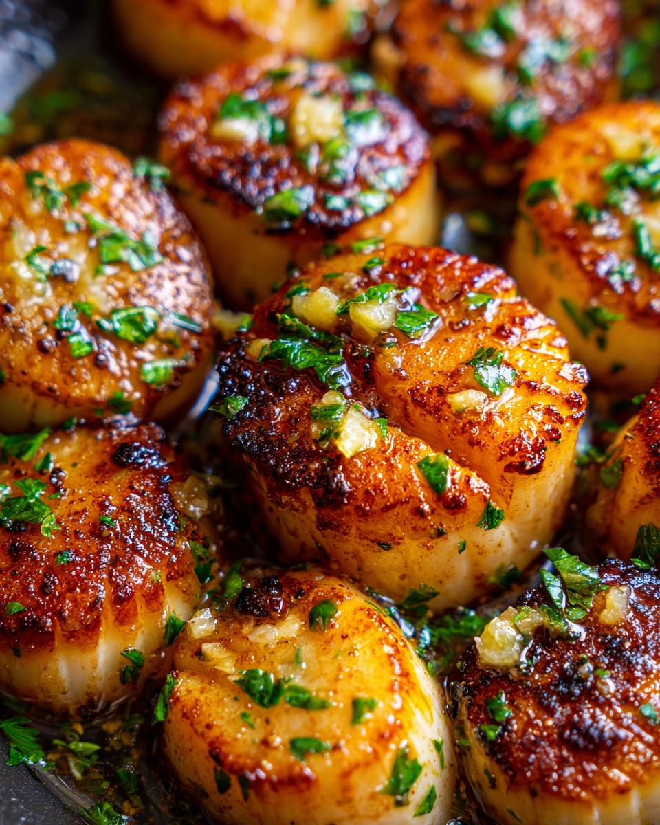 Close-up of perfectly seared Garlic Butter Scallops glistening in butter sauce with minced garlic and parsley.