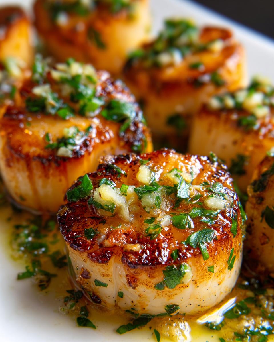 Close-up of perfectly seared Garlic Butter Scallops topped with minced garlic and fresh parsley in a buttery sauce.