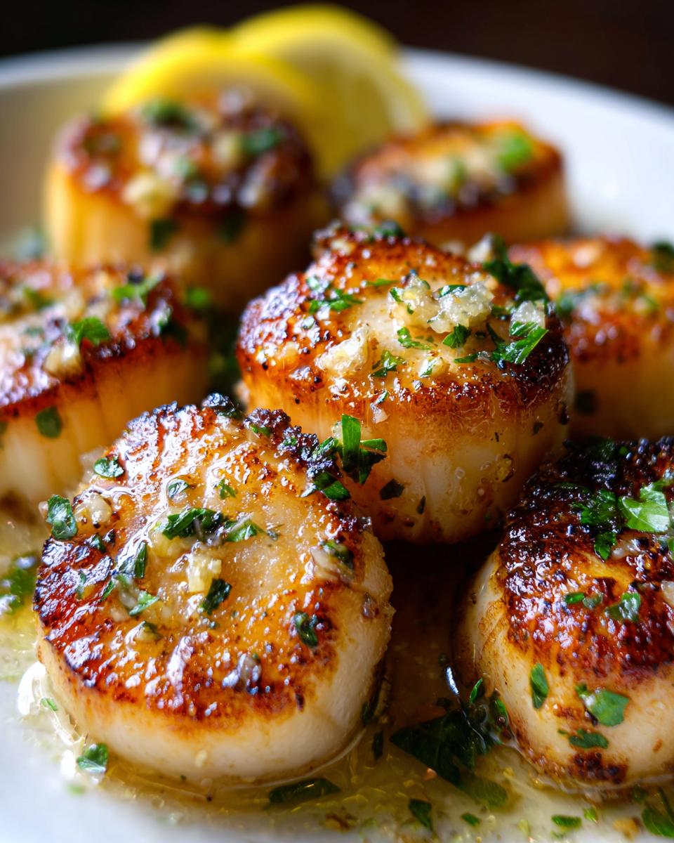 Close-up of perfectly seared Garlic Butter Scallops glistening in butter sauce with minced garlic and parsley.