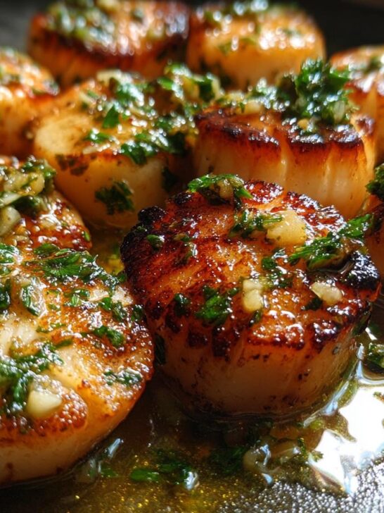 Close-up of perfectly seared Garlic Butter Scallops topped with minced garlic and fresh parsley.