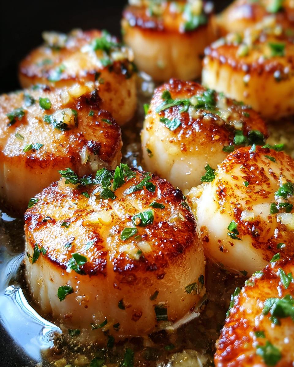 Close-up of golden-brown Garlic Butter Scallops searing in a pan with melted butter, garlic, and fresh parsley.