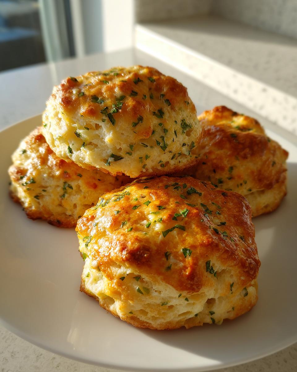 Four golden brown biscuits topped with melted butter and fresh parsley, showcasing the Garlic Herb Biscuit Recipe.