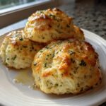 A stack of three golden-brown Garlic Herb Biscuit Recipe rounds glistening with butter and topped with green parsley.
