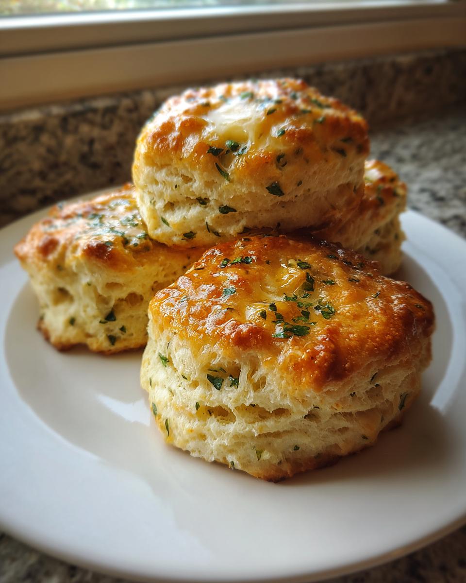 Close-up of four golden brown Garlic Herb Biscuit Recipe servings stacked on a white plate, glistening with butter and herbs.