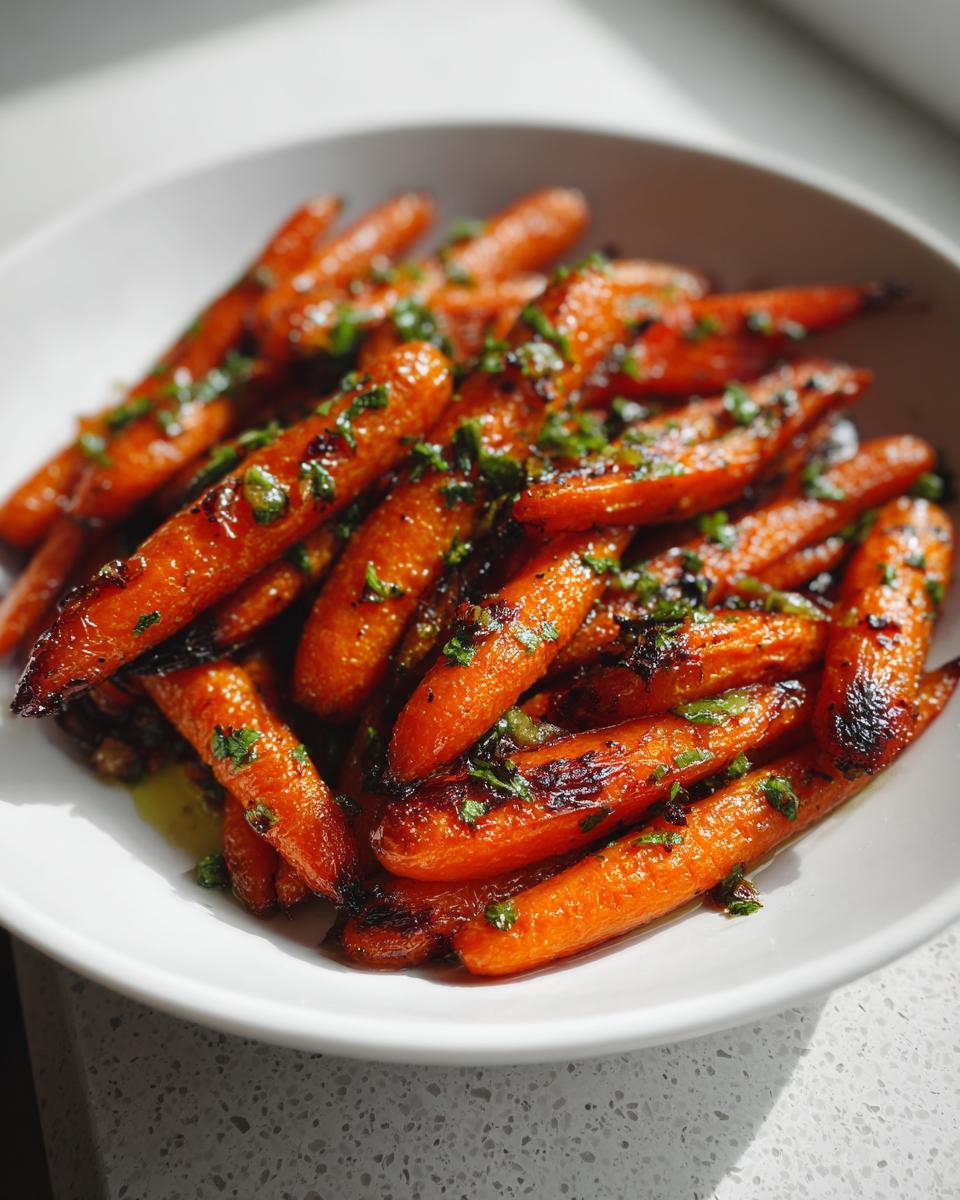 A white bowl filled with shiny, caramelized Garlic Herb Roasted Carrots topped with fresh green herbs.