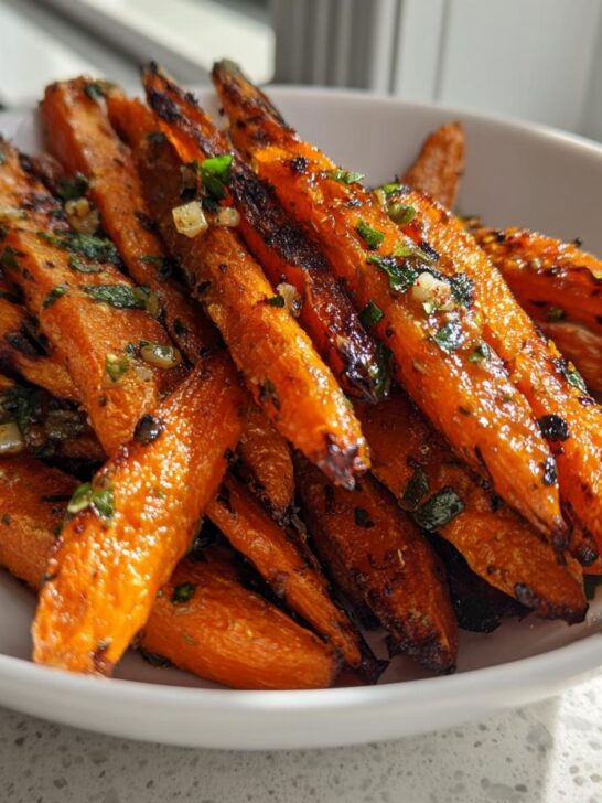 Close-up of vibrant, roasted Garlic Herb Roasted Carrots tossed with minced garlic and fresh parsley in a white bowl.