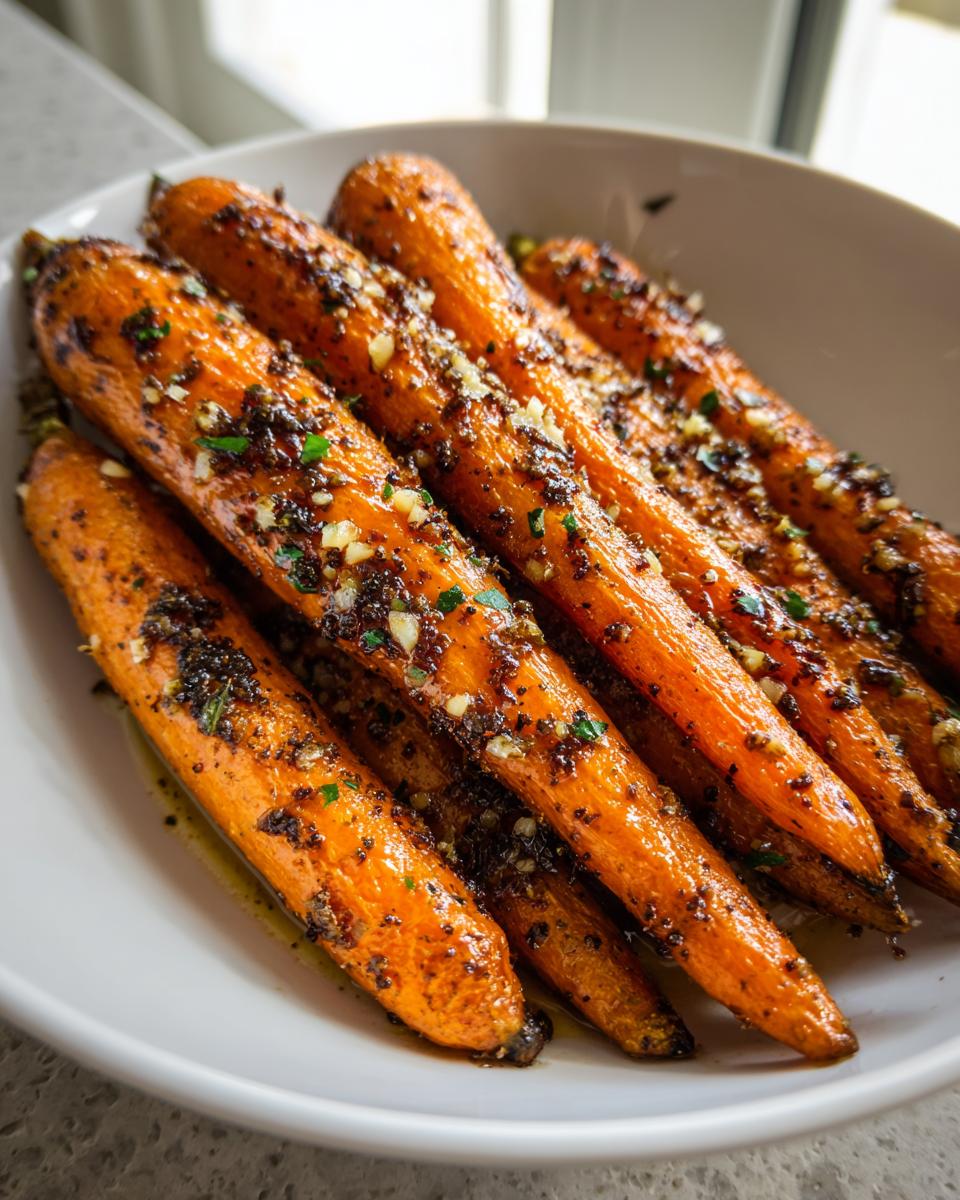 Close-up of beautifully roasted carrots coated in a savory garlic herb seasoning mixture.