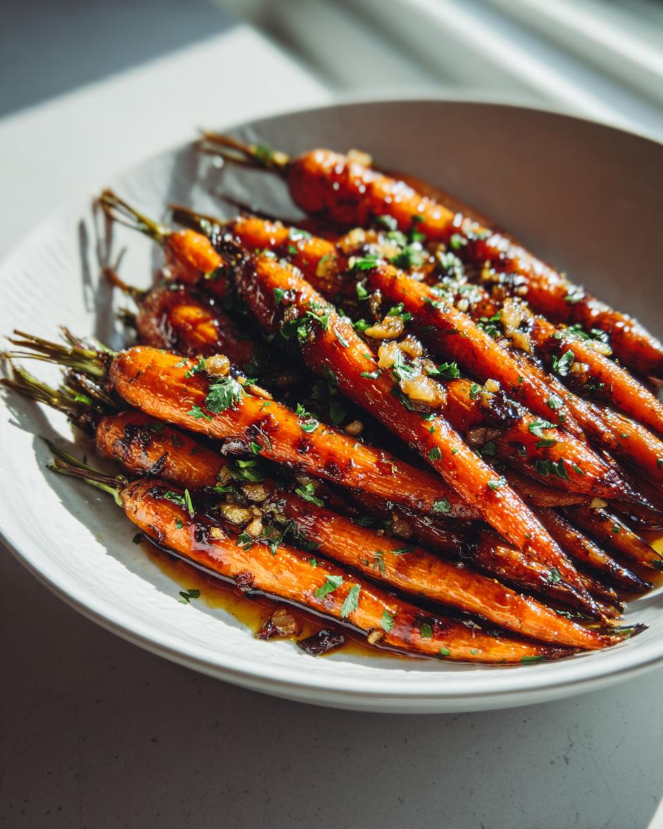 A close-up of glossy, roasted whole carrots topped with minced garlic, herbs, and glaze, ready to serve.