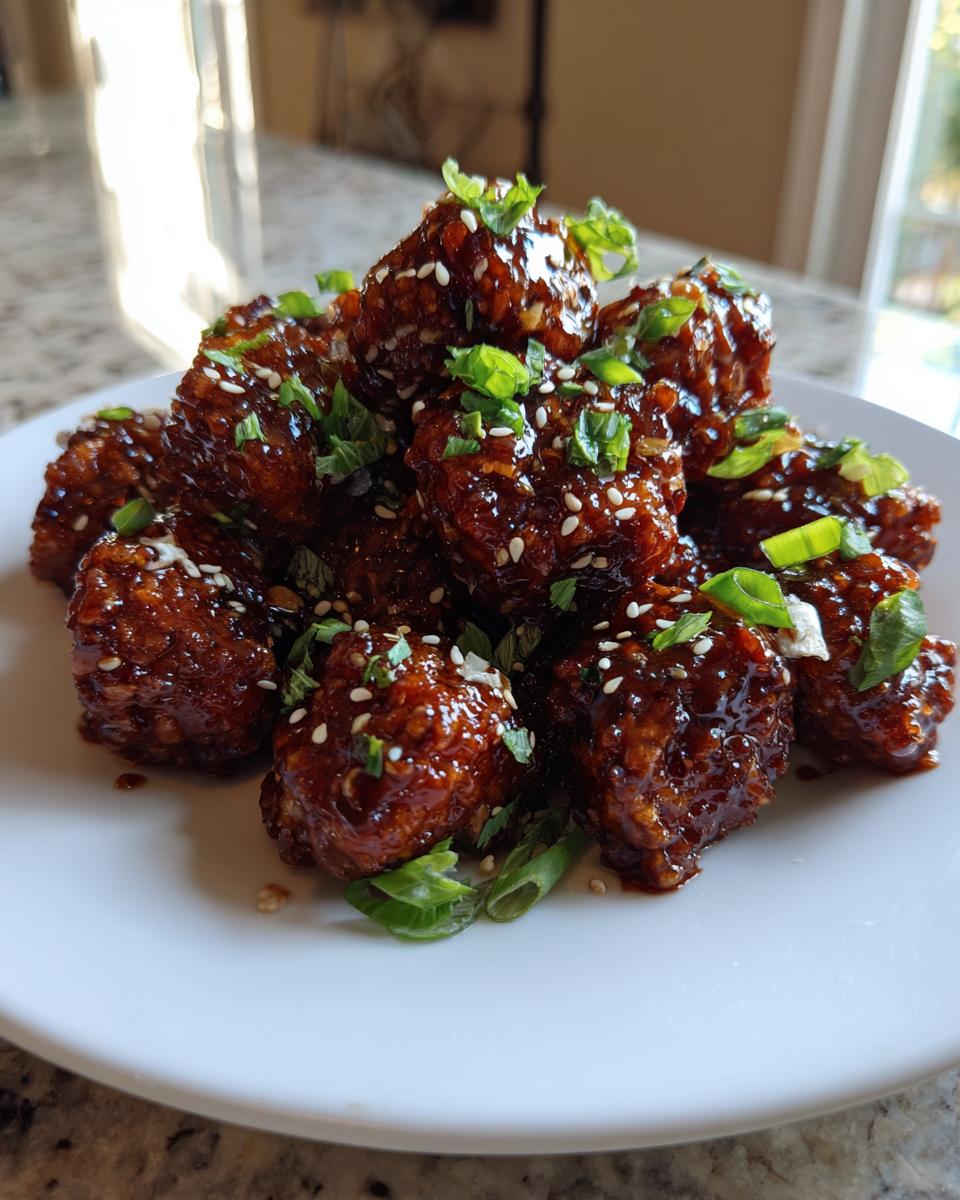 Close-up of crispy General Tso Chicken Plant Based bites coated in dark, sticky sauce, garnished with sesame seeds and green onions.