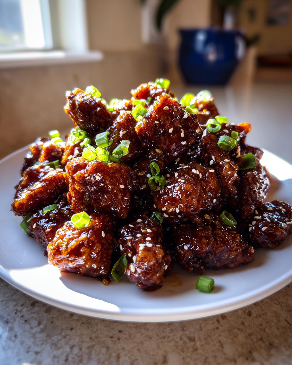 A mound of sticky, glazed General Tso Chicken Plant Based pieces garnished with sesame seeds and green onions.