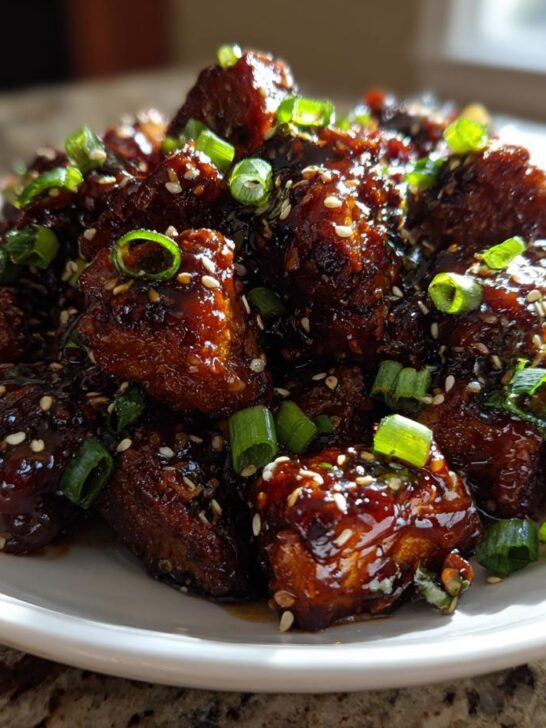 Close-up of crispy, glazed General Tso Chicken Plant Based pieces garnished with sesame seeds and green onions.