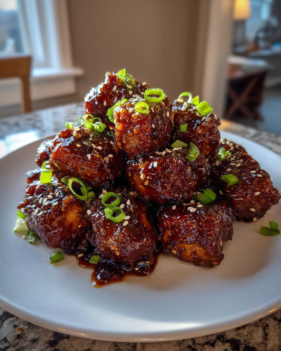 A mound of sticky, saucy General Tso Chicken Plant Based pieces garnished with sesame seeds and sliced green onions.