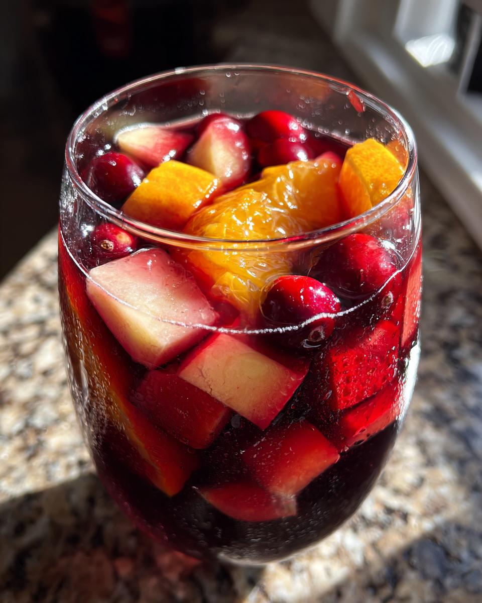 Close-up of a glass filled with Festive Christmas Sangria, loaded with cranberries, orange slices, and apple chunks.