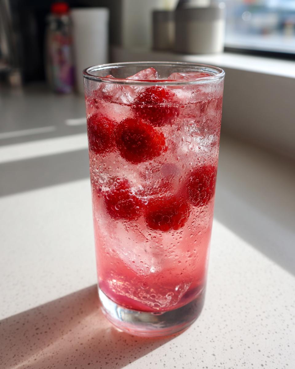 Close-up of a tall glass filled with ice, pink liquid, and whole raspberries, representing Raspberry Peach Lemonade.