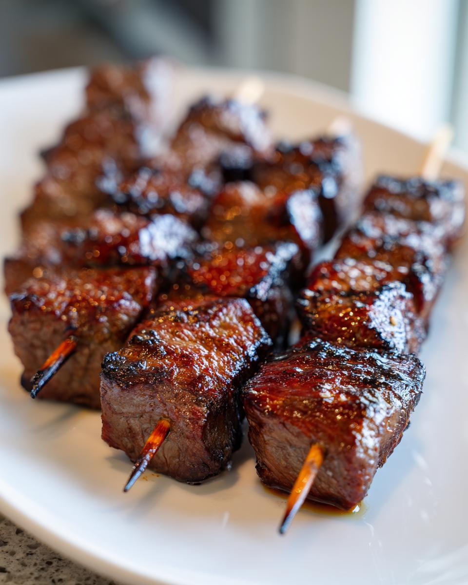 Close-up of perfectly grilled, glazed Asian Beef Skewers resting on a white plate.